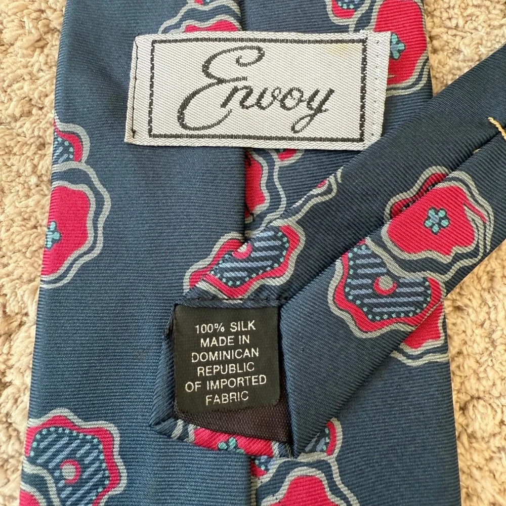 Envoy Mens Silk Tie Navy Blue Red Abstract Floral Poppy Pattern RN 20041 58x3.25